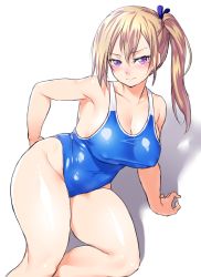 Rule 34 | 10s, 1girl, blonde hair, blue one-piece swimsuit, blush, breasts, cleavage, competition swimsuit, covered erect nipples, curvy, hair ribbon, kawakami mai, large breasts, long hair, looking at viewer, mole, mole under eye, musaigen no phantom world, one-piece swimsuit, onsoku inu, purple eyes, ribbon, school swimsuit, side ponytail, solo, swimsuit, thick thighs, thighs, wide hips