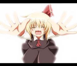 Rule 34 | 1girl, :3, ^ ^, blonde hair, closed eyes, do (4-rt), dress shirt, embodiment of scarlet devil, female focus, hair ribbon, letterboxed, neckerchief, open mouth, outstretched arms, reaching, reaching towards viewer, ribbon, rumia, shirt, short hair, skirt, skirt set, smile, solo, touhou