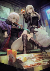 Rule 34 | 2girls, absurdres, ahoge, animal ears, artoria pendragon (all), artoria pendragon (fate), belt, boots, breasts, cavall the 2nd, crossed legs, dog, eating, eyebrows hidden by hair, fate/grand order, fate/stay night, fate (series), food, grey hair, hair between eyes, hair ribbon, high heel boots, high heels, highres, holding, holding food, indoors, jacket, jeanne d&#039;arc alter (avenger) (fate), jeanne d&#039;arc alter (fate), jeanne d&#039;arc alter (ver. shinjuku 1999) (fate), lack, long hair, looking at viewer, multiple girls, official art, open clothes, ponytail, ribbon, saber alter, saber alter (ver. shinjuku 1999) (fate), shirt, short hair, smile, white hair, yellow eyes