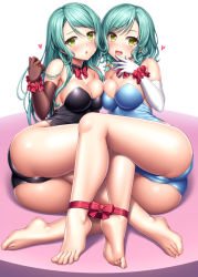 Rule 34 | 2girls, :d, aqua hair, ass, asymmetrical docking, bang dream!, bare shoulders, barefoot, black leotard, blue leotard, blush, bow, bowtie, braid, breast press, breasts, brown gloves, cameltoe, cleavage, cleft of venus, detached collar, elbow gloves, feet, gloves, green eyes, hand to own mouth, heart, hikawa hina, hikawa sayo, lambda (kusowarota), leotard, long hair, looking at viewer, medium breasts, multiple girls, open mouth, red bow, red neckwear, red ribbon, ribbon, siblings, sisters, skindentation, smile, toes, white gloves, wrist cuffs