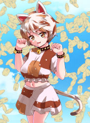Rule 34 | 1girl, :d, absurdres, animal ears, bell, black collar, blue background, blush, bracelet, breasts, cat ears, cat tail, cloud, coin, collar, commentary request, crop top, feet out of frame, goutokuji mike, gradient background, hands up, highres, hits (hitstts), jewelry, jingle bell, looking at viewer, medium breasts, midriff, multicolored hair, navel, open mouth, orange eyes, paw pose, puffy short sleeves, puffy sleeves, shirt, short hair, short sleeves, silver hair, simple background, skirt, smile, solo, standing, streaked hair, tail, touhou, white shirt, white skirt