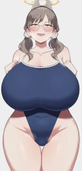 Rule 34 | 1girl, blue archive, blush, breasts, chamchami, cleavage, glasses, grey hair, half-closed eyes, halo, highres, huge breasts, moe (blue archive), one-piece swimsuit, round eyewear, smile, solo, swimsuit, wide hips, yellow eyes, yellow halo