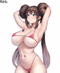 Rule 34 | 1girl, absurdres, alternate breast size, areola slip, armpits, arms behind head, arms up, artist name, bikini, blue eyes, blush, breasts, brown hair, cleavage, collarbone, covered erect nipples, cowboy shot, creatures (company), double bun, game freak, hair bun, highleg, highleg bikini, highres, huge breasts, large breasts, linea alba, long hair, looking ahead, micro bikini, navel, nintendo, open mouth, pokemon, pokemon bw2, red bikini, rezeharu, rosa (pokemon), simple background, solo, strap gap, swimsuit, twintails, very long hair, white background