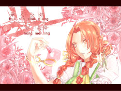 Rule 34 | 1girl, braid, character name, chinese text, female focus, flower, hong meiling, red eyes, red hair, short hair, solo, sumire (spicegirls), touhou, twin braids