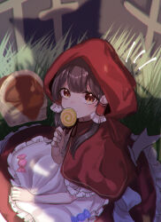 Rule 34 | 1girl, apron, basket, brown hair, candy, commentary request, cosplay, dress, food, from above, grass, hair tubes, hakurei reimu, halloween, highres, holding, holding candy, holding food, holding lollipop, kirisame marisa, little red riding hood, little red riding hood (grimm), little red riding hood (grimm) (cosplay), lollipop, looking at viewer, on ground, outdoors, pov, red dress, red eyes, red hood, shadow, sitting, smile, touhou, white apron, yomogi 9392