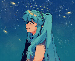 Rule 34 | 1girl, aqua hair, bare shoulders, black eyes, from side, galaxy, gradient sky, halo, hatsune miku, headphones, highres, linmiee, long hair, looking away, shirt, sky, sleeveless, solo, star (sky), starry sky, striped clothes, striped shirt, torn clothes, torn sleeves, twintails, vest, vocaloid
