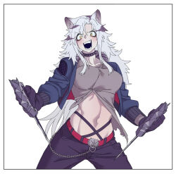 Rule 34 | 1girl, animal ears, arknights, black gloves, black pants, cat ears, gloves, indra (arknights), midriff, noiimad, pants, trench knife, weapon, white hair, yellow eyes
