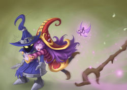 Rule 34 | 1boy, 1girl, blush, cane, colored skin, fairy, fang, glomp, glowing, glowing eyes, hat, heart, hetero, highres, hug, hug from behind, league of legends, long hair, lulu (league of legends), open mouth, pix (league of legends), pointy ears, purple hair, purple skin, ricegnat, smile, staff, veigar