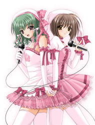 Rule 34 | 2girls, back-to-back, bow, brown eyes, brown hair, elbow gloves, gloves, green hair, hat, idol, lovely idol, microphone, multiple girls, nishimata aoi, ribbon, thighhighs