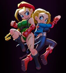 Rule 34 | 2girls, artist name, ass, belt, beret, black footwear, blonde hair, blue eyes, blue jacket, boots, braid, breasts, cammy white, clenched hands, commentary, corrupted twitter file, cropped jacket, dual persona, facial scar, fingerless gloves, gloves, green leotard, hat, highleg, highleg leotard, highres, jacket, large breasts, leotard, long hair, multiple girls, open mouth, pants, red footwear, red headwear, scar, scar on cheek, scar on face, signature, smile, sports bra, street fighter, street fighter 6, street fighter v, tomaco sunderland, twin braids, union jack, very long hair, yoga pants