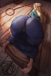 Rule 34 | 1girl, 2024, artist name, ass, ass focus, barefoot, blonde hair, blue robe, braid, cameltoe, cleft of venus, commentary, dungeon meshi, elf, english commentary, feet, female focus, futon, hair spread out, highres, hip focus, hood, hood down, huge ass, indoors, light, lying, marcille donato, pillow, pointy ears, robe, skin tight, slimybuttcheeks, soles, solo, staff, thick thighs, thighs, toes, top-down bottom-up, twin braids, wide hips, wooden floor