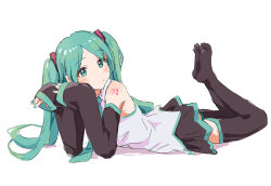 Rule 34 | 1girl, aqua eyes, aqua hair, aqua nails, aqua necktie, aqua trim, bare shoulders, black sleeves, black thighhighs, feet, feet up, full body, grey shirt, hatsune miku, highres, legs up, looking at viewer, lying, necktie, no shoes, on stomach, parted bangs, shirt, shoulder tattoo, sleeves past wrists, soles, solo, tattoo, the pose, thighhighs, twintails, vocaloid, yakkl