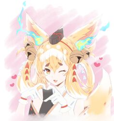 Rule 34 | 1girl, ;d, absurdres, animal ears, bell, blonde hair, dragalia lost, fang, fox ears, fox girl, fox tail, gloves, hair bell, hair between eyes, hair ornament, hair rings, heart, heart hands, highres, japanese clothes, kuzunoha (dragalia lost), one eye closed, open mouth, orcinus666, skin fang, smile, solo, tail, upper body, white gloves