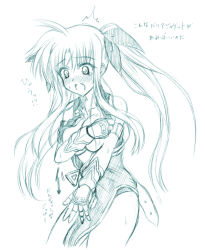 Rule 34 | 00s, 1girl, ^^^, ahoge, bardiche (nanoha), bardiche (standby form) (nanoha), blush, breast hold, breasts, fate testarossa, fate testarossa (true sonic form), full-face blush, johnny (from scratch), long hair, lyrical nanoha, mahou shoujo lyrical nanoha, mahou shoujo lyrical nanoha strikers, monochrome, simple background, solo, standing, surprised, sweat, thighs, twintails, very long hair, white background