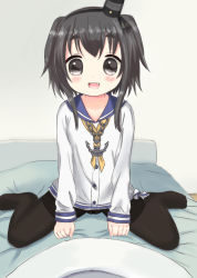 Rule 34 | 10s, 1girl, :d, aged down, anchor, bed, black eyes, black hair, black pantyhose, blush, chain, collarbone, commentary request, dress, fang, full body, hat, headgear, indoors, kantai collection, looking at viewer, mini hat, neckerchief, no pants, on bed, open mouth, pantyhose, sailor collar, sailor dress, school uniform, serafuku, shirt, short hair, short hair with long locks, sidelocks, sitting, smile, smokestack, solo, thick eyebrows, thighband pantyhose, tied shirt, tokitsukaze (kancolle), two side up, wariza, xiaosamiao, yellow neckerchief