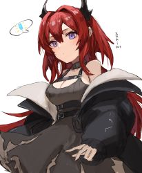 Rule 34 | 1girl, absurdres, arknights, bare shoulders, belt, black belt, black dress, black jacket, blush, breasts, cleavage, commentary request, demon horns, dress, food, hair between eyes, highres, horn/wood, horns, jacket, long hair, looking at viewer, medium breasts, off shoulder, open clothes, open jacket, popsicle, purple eyes, red hair, simple background, sleeveless, sleeveless dress, solo, spoken food, surtr (arknights), translation request, upper body, white background