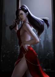 Rule 34 | 1girl, absurdres, animal ears, backless dress, backless outfit, black hair, bracelet, breasts, dress, elezen, elf, final fantasy, final fantasy xiv, from side, gun, hand on own hip, highres, hilda ware, holding, holding gun, holding weapon, hybrid, hyur, jewelry, lips, llen chabbie, long hair, looking at viewer, machinist (final fantasy), medium breasts, pointy ears, ponytail, red dress, red eyes, side slit, solo, weapon