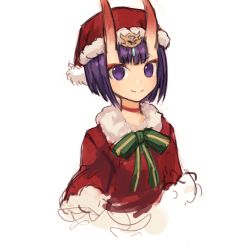Rule 34 | 1girl, choker, commentary request, fate/grand order, fate (series), fur-trimmed headwear, fur collar, fur trim, green ribbon, hat, highres, horns, korean commentary, looking at viewer, neck ribbon, purple eyes, purple hair, red choker, ribbon, santa costume, santa hat, short hair, shuten douji (fate), simple background, sketch, skin-covered horns, smile, solo, sookmo, split mouth, upper body, white background