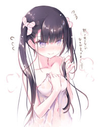 Rule 34 | 1girl, bare arms, bare shoulders, black hair, blush, breasts, closed mouth, collarbone, ear blush, flying sweatdrops, hair between eyes, hands up, humuyun, long hair, looking away, naked towel, navel, nose blush, original, purple eyes, simple background, small breasts, solo, towel, translation request, twintails, very long hair, wet, white background