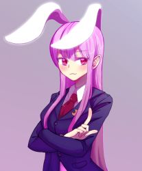 Rule 34 | 1girl, :3, alison (alison airlines), animal ears, blazer, blue jacket, crescent, crescent pin, extra ears, grey background, hair between eyes, highres, index finger raised, jacket, long hair, long sleeves, looking at viewer, necktie, pink hair, rabbit ears, red eyes, red necktie, reisen udongein inaba, smile, smug, solo, touhou, upper body, wing collar