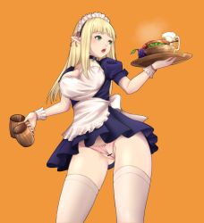 Rule 34 | 1girl, :o, alcohol, apron, aqua eyes, bad id, bad pixiv id, bar censor, beer, blonde hair, bowl, breasts, censored, collar, cup, elf, food, fruit, gluteal fold, grapes, highres, holding, holding tray, kurone rinka, large breasts, long hair, looking to the side, maid, maid headdress, mug, nipples, open mouth, orange background, original, panties, pantyshot, pink panties, pointy ears, puffy short sleeves, puffy sleeves, short sleeves, simple background, standing, thighhighs, tray, underwear, waitress, wedgie, white thighhighs, wrist cuffs