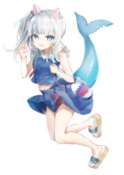 Rule 34 | 1girl, animal ears, blue eyes, blue hair, blue skirt, blue vest, cat ears, claw pose, closed eyes, cube hair ornament, fins, fish tail, frilled sleeves, frills, full body, gawr gura, gawr gura (casual), hair ornament, highres, hololive, hololive english, looking at viewer, medium hair, multicolored hair, parted lips, sandals, shancha, shark tail, shirt, short sleeves, side ponytail, simple background, skirt, smile, solo, streaked hair, tail, vest, virtual youtuber, white background, white hair, white shirt