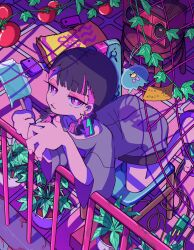 Rule 34 | 1girl, black hair, black shorts, chair, colored inner hair, food, fruit, highres, ice cream, jewelry, leaf, multicolored hair, nira-chan, oversized clothes, pink eyes, plant, popsicle, radio, saziko, shorts, two-tone hair, zutto mayonaka de ii no ni