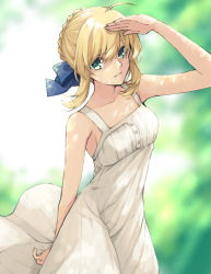 Rule 34 | 1girl, ahoge, arm behind back, arm up, artoria pendragon (all), artoria pendragon (fate), bare arms, blonde hair, blue bow, blurry, blurry background, bow, braid, braided bun, breasts, collarbone, day, dress, fate/stay night, fate (series), green eyes, hair between eyes, hair bow, hair bun, looking at viewer, maru (pixiv51714255), outdoors, parted lips, saber (fate), short hair with long locks, sideboob, sidelocks, sleeveless, sleeveless dress, small breasts, solo, white dress