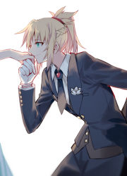 Rule 34 | 2girls, backlighting, black necktie, closed mouth, fate/apocrypha, fate (series), gloves, half updo, hand up, jeanne d&#039;arc (fate), jeanne d&#039;arc (ruler) (fate), kiss, kissing hand, leaning forward, long sleeves, mordred (fate), mordred (fate/apocrypha), mordred (formal dress) (fate), multiple girls, necktie, out of frame, ponytail, profile, sidelocks, smile, solo focus, tuxedo, white gloves, yorukun