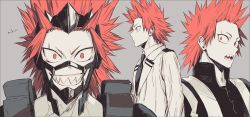 Rule 34 | &gt;:), 1boy, blazer, boku no hero academia, collared shirt, commentary request, grey background, grin, highres, jacket, kirishima eijirou, looking at viewer, male focus, mkm (mkm storage), necktie, open mouth, profile, red eyes, red hair, scar, scar across eye, scar on face, school uniform, sharp teeth, shirt, signature, smile, solo, spiked hair, teeth, u.a. gym uniform, u.a. school uniform, v-shaped eyebrows