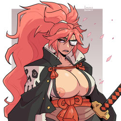Rule 34 | absurdres, annoyed, baiken, breasts, cape, cherry blossoms, cloak, eyepatch, facepaint, guilty gear, guilty gear strive, highres, katana, large breasts, log dog, nipple piercing, nipple slip, nipples, one-eyed, piercing, pink hair, ponytail, red hair, samurai, self-upload, simple background, solo, sword, weapon