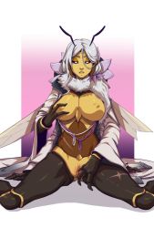 Rule 34 | 1girl, antennae, arthropod girl, bee girl, black sclera, breasts, colored sclera, commentary, d-rex, extra arms, fur collar, gluteal fold, gradient background, hetero, highres, insect girl, insect wings, inverted nipples, large breasts, long hair, long sleeves, looking at viewer, original, parted bangs, purple background, pussy, short hair, sitting, solo, teeth, wariza, white background, white eyes, wide sleeves, wings