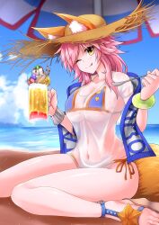 Rule 34 | 1girl, ;q, absurdres, animal ears, beach, bikini, bikini under clothes, blue bikini, breasts, brown eyes, brown hat, cleavage, closed mouth, commission, covered navel, cup, derivative work, ears through headwear, fate/grand order, fate (series), fox ears, fox girl, fox tail, g (genesis1556), hat, high heel sandals, highres, holding, holding cup, holding spoon, horizon, kitsune, large breasts, looking at viewer, medium hair, one eye closed, parasol, pink hair, sandals, see-through, see-through shirt, short hair, sitting, skeb commission, smile, solo, spoon, straw hat, swimsuit, tail, tamamo (fate), tamamo no mae (fate/extra), tamamo no mae (swimsuit lancer) (fate), tongue, tongue out, umbrella, wariza, wedge heels