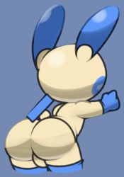 Rule 34 | 1boy, animal ears, arm up, ass, blue background, blue gloves, blue thighhighs, blush stickers, body fur, cowboy shot, creatures (company), cropped legs, from behind, furry, furry male, game freak, gen 3 pokemon, gloves, leaning forward, male focus, minun, nintendo, personification, pokemon, pokemon (creature), simple background, solo, standing, tail, testicles, thighhighs, vilepluff, yellow fur
