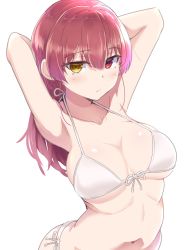 Rule 34 | 1girl, alternate hairstyle, arms up, bikini, blush, breasts, cleavage, closed mouth, hair between eyes, hair down, heterochromia, highres, hololive, houshou marine, large breasts, long hair, looking at viewer, myht, red eyes, red hair, side-tie bikini bottom, simple background, solo, swimsuit, upper body, virtual youtuber, white background, yellow eyes