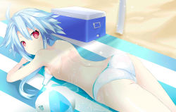 Rule 34 | 10s, 1girl, absurdres, ahoge, ass, ass focus, beach, bikini, blanc (neptunia), blue hair, blush, breasts, highres, looking at viewer, lotion, lying, neptune (series), ocean, on stomach, power symbol, power symbol-shaped pupils, ramu-on@ shinon, red eyes, short hair with long locks, sidelocks, small breasts, solo, summer, sunscreen, swimsuit, symbol-shaped pupils, white bikini, white heart (neptunia)