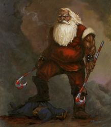Rule 34 | beard, bracelet, cigar, facial hair, jewelry, male focus, manly, muscular, santa claus, smoking, traditional media, twin hooks, weapon, white hair