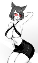 Rule 34 | 1girl, animal ear fluff, animal ears, arm behind head, armpits, artist name, braid, brassica, breasts, cleavage, collarbone, criss-cross halter, facial mark, glasses, greyscale, halterneck, highres, large breasts, monochrome, navel, open mouth, original, red-tinted eyewear, round eyewear, short hair, skirt, solo, spot color, thighs, tinted eyewear, whisker markings