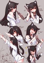 Rule 34 | &gt; &lt;, 1girl, :&lt;, animal ear fluff, animal ears, bell, black choker, black hair, blush, bottle, cat ears, cat girl, cat tail, choker, closed eyes, copyright request, drinking, drunk, fang, finger in another&#039;s mouth, grey background, hair between eyes, hair over shoulder, heart, heart-shaped pupils, heizi mingyue, holding, holding bottle, long hair, looking at viewer, mole, mole under eye, monochrome background, multiple views, neck bell, red eyes, shirt, signature, simple background, skin fang, symbol-shaped pupils, tail, tail raised, tongue, tongue out, translation request, white shirt, xingye (xing)