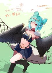Rule 34 | 1girl, bird legs, black feathers, black wings, blue hair, breasts, character name, claws, commentary request, commission, feathers, hammock, harpy, heart, heart tattoo, highres, indie virtual youtuber, lincoro, monster girl, open mouth, pointy ears, red eyes, rnd.jpg (artist), short hair, short twintails, sitting, skeb commission, small breasts, solo, stomach tattoo, talons, tattoo, thank you, tiara, twintails, virtual youtuber, winged arms, wings