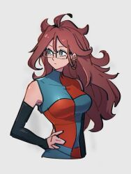 Rule 34 | 1girl, ahoge, android 21, black sleeves, blue eyes, breasts, brown hair, checkered clothes, checkered dress, detached sleeves, dragon ball, dragon ball fighterz, dress, earrings, glasses, hand on own hip, hoop earrings, jewelry, kemachiku, large breasts, long hair, looking afar, messy hair, solo, upper body
