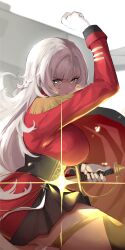 Rule 34 | 1girl, absurdres, aiguillette, arm up, azur lane, black skirt, blunt bangs, braid, cape, commentary, dress, english commentary, gloves, green eyes, highres, holding, holding sword, holding weapon, long hair, long sleeves, looking at viewer, medal, military uniform, parted lips, pleated skirt, red cape, red dress, showmoo, skirt, solo, sword, thigh strap, turret, uniform, vittorio veneto (azur lane), weapon, white gloves, white hair