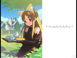 Rule 34 | 1girl, animal ears, blonde hair, brown eyes, brown hair, building, cat ears, cup, gagraphic, gloves, gunpom, hairband, house, long hair, looking at viewer, outdoors, shade, smile, solo, tea, teacup, teapot, tray, wallpaper