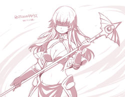 Rule 34 | 1girl, blindfold, breasts, brown theme, capelet, cleavage, closed mouth, commentary request, cowboy shot, dated, elbow gloves, gloves, holding, holding staff, large breasts, long hair, mage (ragnarok online), mage staff, monochrome, ragnarok online, ragnarok the animation, shiraazuma, smile, solo, staff, takius