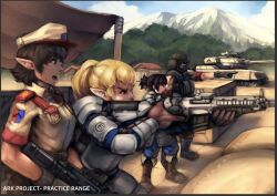 Rule 34 | 1boy, 3girls, armor, blonde hair, boots, border, brown eyes, brown footwear, brown gloves, brown hair, closed mouth, commentary, cowboy shot, day, english commentary, epaulettes, gloves, grey border, grey gloves, gun, highres, holding, holding gun, holding weapon, looking afar, military, military uniform, military vehicle, motor vehicle, mountain, multiple girls, open mouth, original, outdoors, pauldrons, pointing, pointy ears, puchirisu, reflex sight, rifle, sandbag, shooting range, short hair, shoulder armor, soldier, tank, uniform, weapon, wooden box