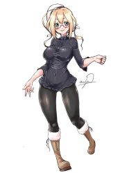 Rule 34 | 1girl, beret, black pantyhose, blonde hair, blush, boots, breasts, closed mouth, dress, eyelashes, full body, fur-trimmed boots, fur trim, glasses, green eyes, hat, i-8 (kancolle), impossible clothes, impossible dress, kantai collection, large breasts, lips, long hair, looking at viewer, low twintails, microdress, miniskirt, owju (ouju), pantyhose, ribbon, short sleeves, signature, simple background, skirt, smile, solo, taut clothes, thighs, twintails, white background, white hat, white ribbon