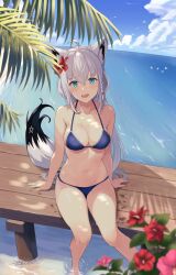 Rule 34 | 1girl, :d, absurdres, ahoge, animal ear fluff, animal ears, bare arms, bare legs, bare shoulders, bikini, blue bikini, blue sky, blurry, blurry foreground, braid, breasts, cleavage, cloud, day, depth of field, feet out of frame, flower, fox ears, fox girl, fox tail, hair between eyes, hair flower, hair ornament, halterneck, highres, hololive, horizon, light blush, long hair, looking at viewer, medium breasts, navel, ocean, open mouth, outdoors, palm tree, pentagram, red flower, shirakami fubuki, side braid, signature, single braid, sitting, sky, smile, solo, stomach, string bikini, swimsuit, tail, teeth, tree, upper teeth only, very long hair, virtual youtuber, water, white hair, zeiss