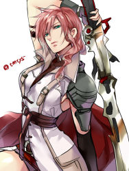 Rule 34 | 1girl, breasts, cape, commentary request, final fantasy, final fantasy xiii, fingerless gloves, gloves, green eyes, gunblade, lightning farron, lips, long hair, looking at viewer, miniskirt, pink hair, skirt, solo, sword, tama (tmfy5), weapon
