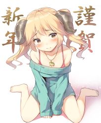 Rule 34 | 1girl, 3:, alexmaster, bare shoulders, barefoot, blonde hair, blush, brown eyes, chinese zodiac, collarbone, highres, horns, jewelry, long hair, off-shoulder, off-shoulder sweater, off shoulder, original, pendant, sheep horns, sitting, solo, sweater, translation request, twintails, wariza, year of the goat