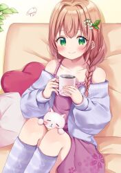 Rule 34 | 1girl, ahoge, artist name, bare shoulders, blush, braid, brown hair, closed mouth, collarbone, commission, cup, detached sleeves, dress, drinking, eyebrows hidden by hair, floral print, frills, green eyes, hair ornament, highres, holding, holding cup, indoors, kneehighs, knees up, long hair, looking at viewer, mug, off shoulder, original, pillow, puffy sleeves, purple dress, sidelocks, sitting, skeb commission, smile, socks, solo, striped clothes, striped socks, stuffed animal, stuffed toy, sugutsuka rerun